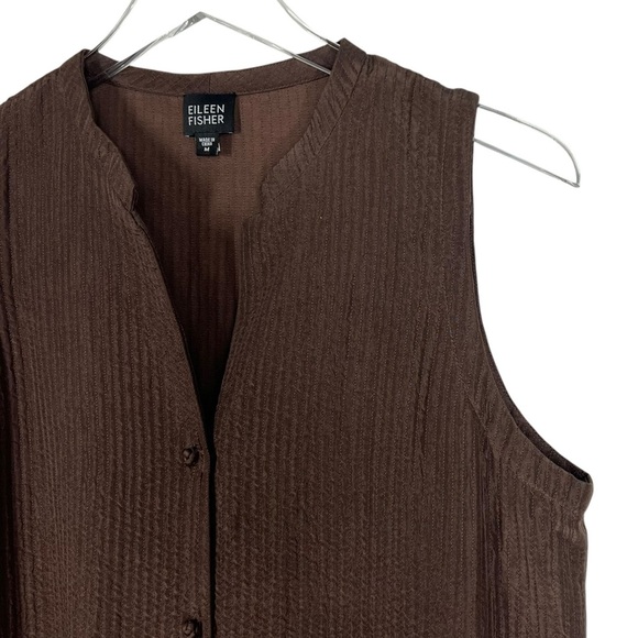 EILEEN FISHER Brown Sleeveless Long Line V-Neck Button Down Silk Blend Cardigan - Picture 2 of 7